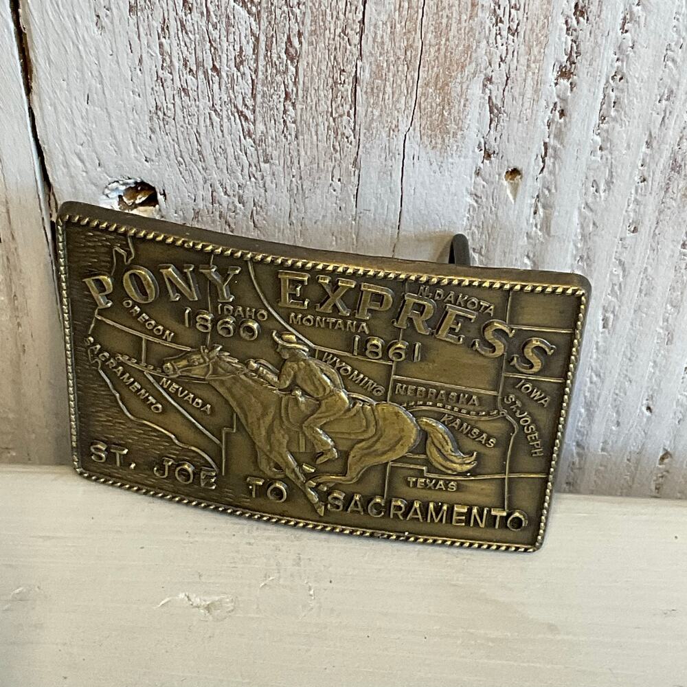 Vintage Pony Express 1860-1861 Brass Belt Buckle St‎ Joe to Sacramento